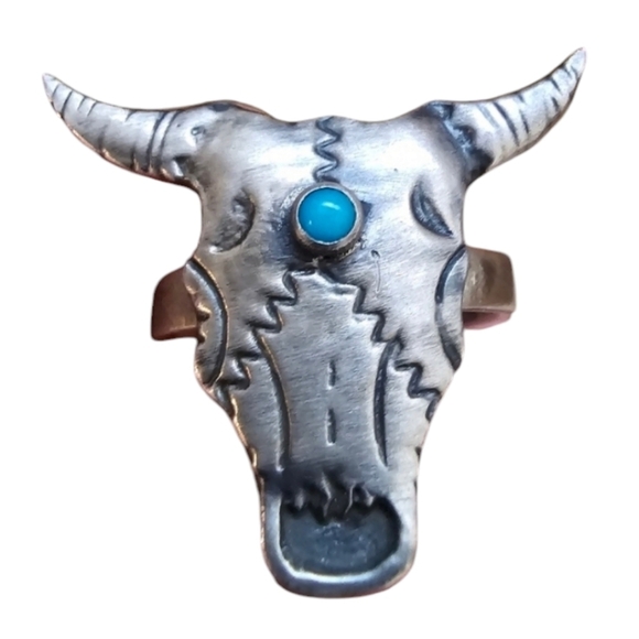 Sterling Silver Signed Bull Cow Steer Skull Turquoise Statement Ring - Picture 1 of 9